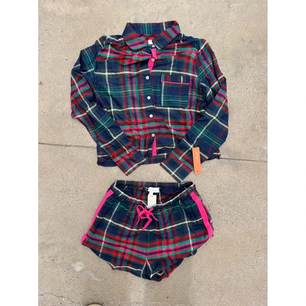 Colsie Plaid Pajama Set Button Up Top Shorts Lounge‎ Sleepwear XS